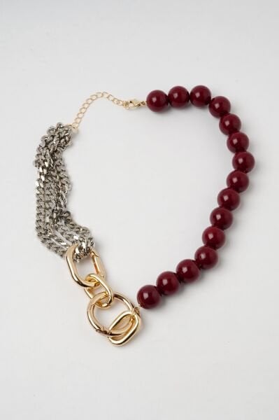 Neesa Bordo-Gold Boncuk Kolye 45 cmBordo